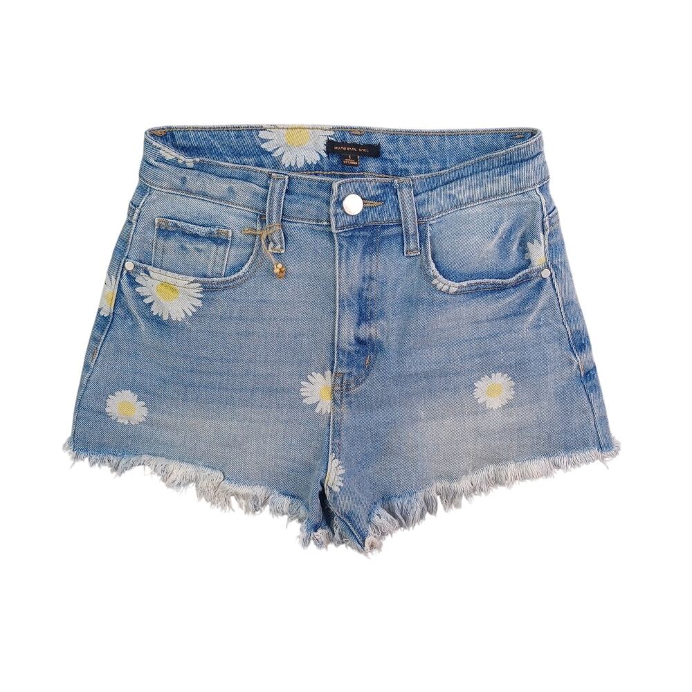 Material Girl Daisy Print Denim Shorts Size 1 Blue High Waist Frayed Cutoff Boho
